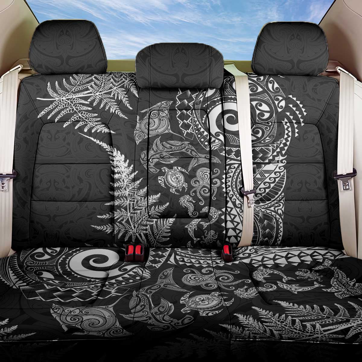 New Zealand Sea Animals Back Car Seat Cover with Maori Koru Tribal Tattoo and Silver Ferns Black Color