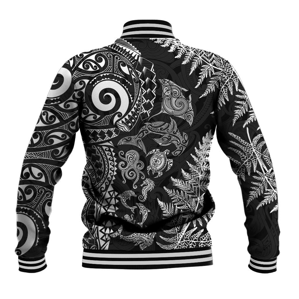 New Zealand Sea Animals Baseball Jacket with Maori Koru Tribal Tattoo and Silver Ferns Black Color