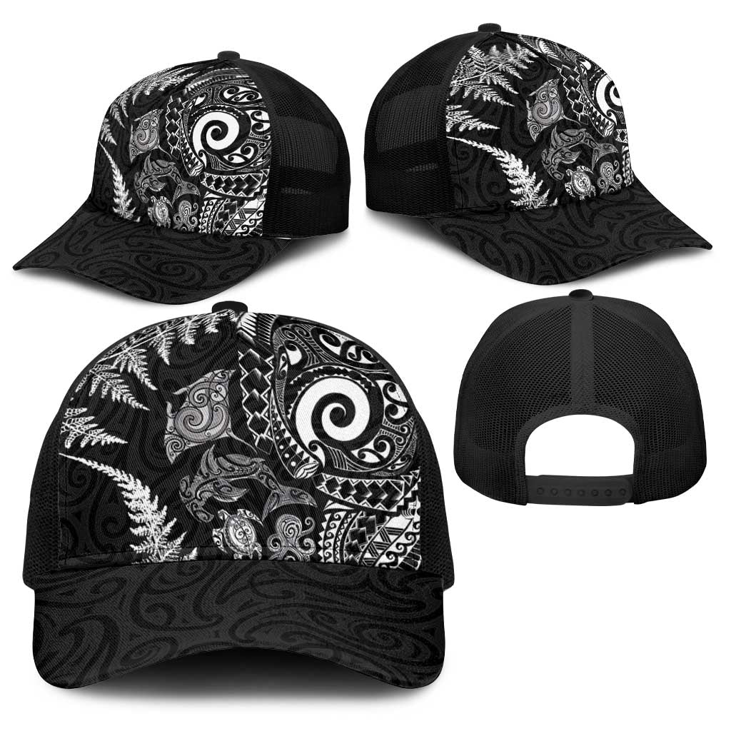 New Zealand Sea Animals Baseball Net Cap with Maori Koru Tribal Tattoo and Silver Ferns Black Color LT03 - Polynesian Pride