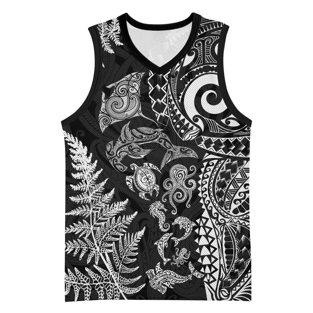 New Zealand Sea Animals Basketball Jersey with Maori Koru Tribal Tattoo and Silver Ferns Black Color