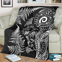 New Zealand Sea Animals Blanket with Maori Koru Tribal Tattoo and Silver Ferns Black Color