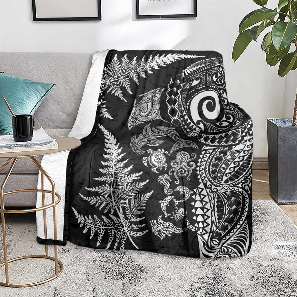 New Zealand Sea Animals Blanket with Maori Koru Tribal Tattoo and Silver Ferns Black Color