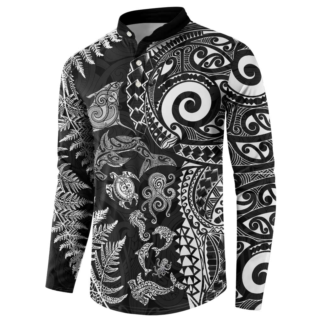 New Zealand Sea Animals Button Sweatshirt with Maori Koru Tribal Tattoo and Silver Ferns Black Color