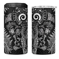 New Zealand Sea Animals 4 in 1 Can Cooler Tumbler with Maori Koru Tribal Tattoo and Silver Ferns Black Color