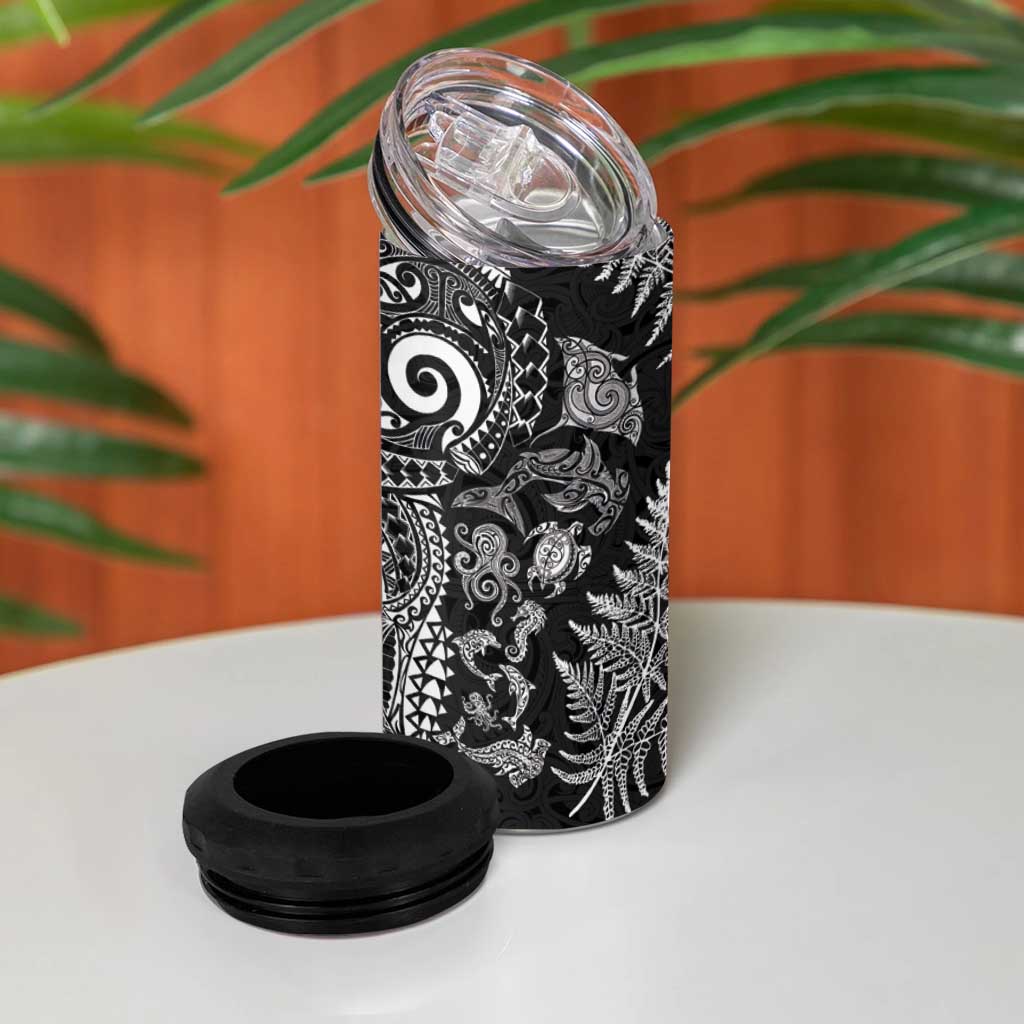 New Zealand Sea Animals 4 in 1 Can Cooler Tumbler with Maori Koru Tribal Tattoo and Silver Ferns Black Color
