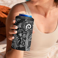 New Zealand Sea Animals 4 in 1 Can Cooler Tumbler with Maori Koru Tribal Tattoo and Silver Ferns Black Color
