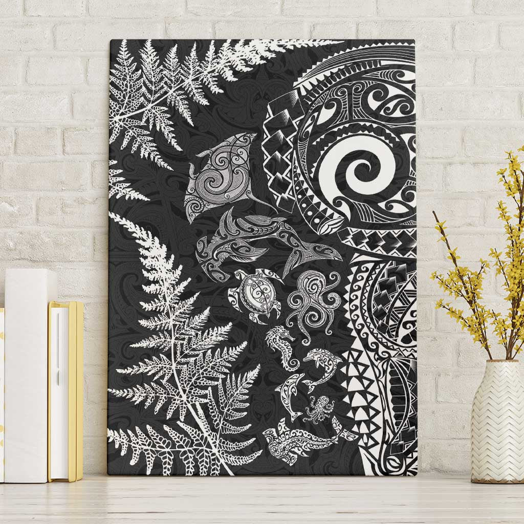 New Zealand Sea Animals Canvas Wall Art with Maori Koru Tribal Tattoo and Silver Ferns Black Color