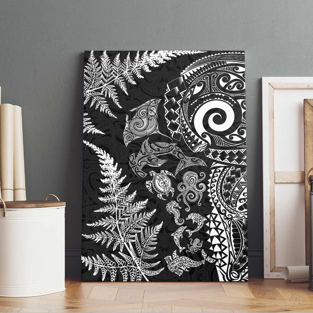 New Zealand Sea Animals Canvas Wall Art with Maori Koru Tribal Tattoo and Silver Ferns Black Color