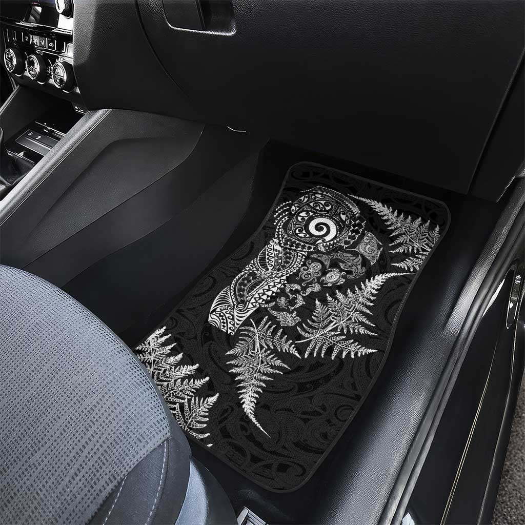 New Zealand Sea Animals Car Mats with Maori Koru Tribal Tattoo and Silver Ferns Black Color