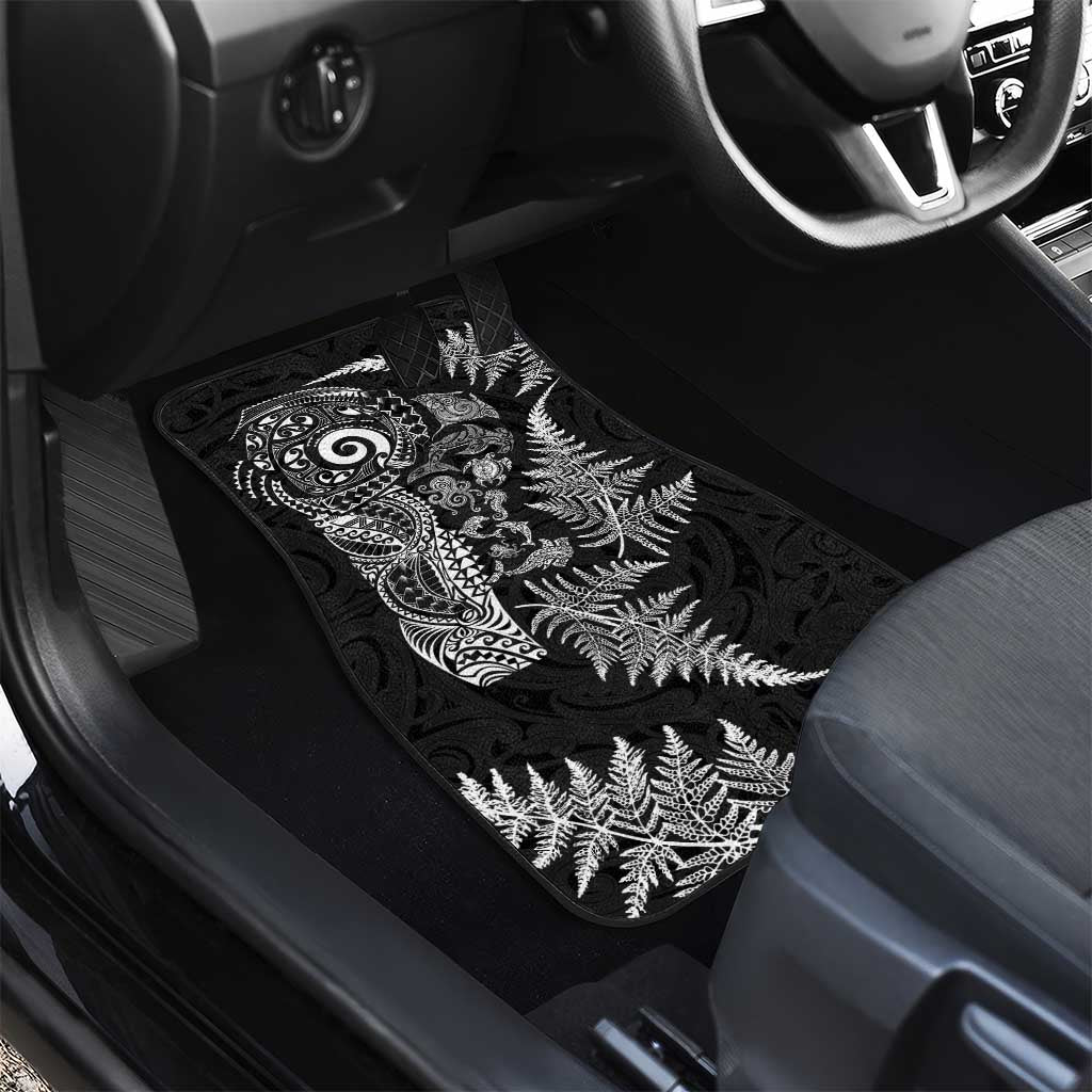 New Zealand Sea Animals Car Mats with Maori Koru Tribal Tattoo and Silver Ferns Black Color