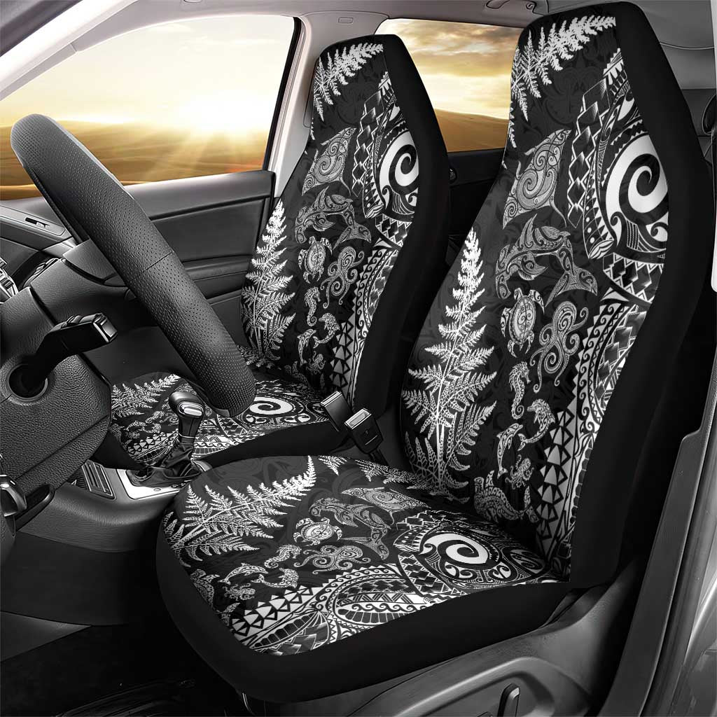 New Zealand Sea Animals Car Seat Cover with Maori Koru Tribal Tattoo and Silver Ferns Black Color