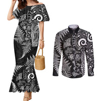New Zealand Sea Animals Couples Matching Mermaid Dress and Long Sleeve Button Shirt with Maori Koru Tribal Tattoo and Silver Ferns Black Color