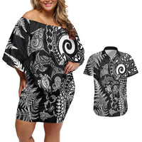 New Zealand Sea Animals Couples Matching Off Shoulder Short Dress and Hawaiian Shirt with Maori Koru Tribal Tattoo and Silver Ferns Black Color