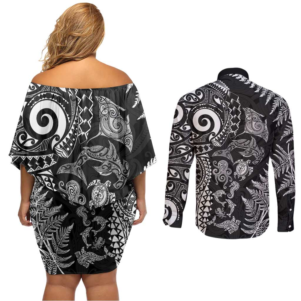 New Zealand Sea Animals Couples Matching Off Shoulder Short Dress and Long Sleeve Button Shirt with Maori Koru Tribal Tattoo and Silver Ferns Black Color