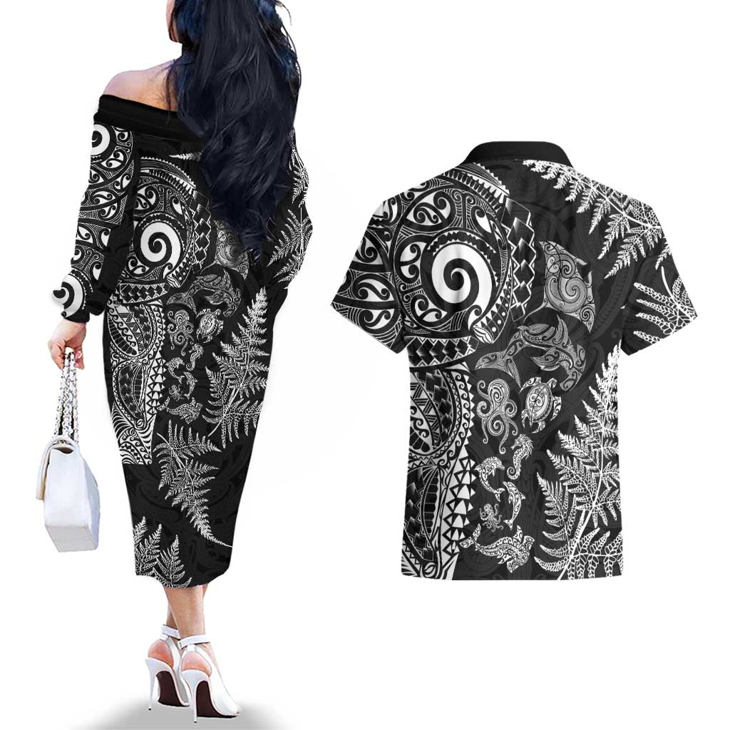 New Zealand Sea Animals Couples Matching Off The Shoulder Long Sleeve Dress and Hawaiian Shirt with Maori Koru Tribal Tattoo and Silver Ferns Black Color