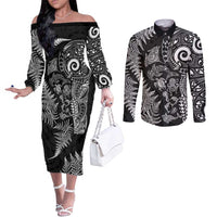 New Zealand Sea Animals Couples Matching Off The Shoulder Long Sleeve Dress and Long Sleeve Button Shirt with Maori Koru Tribal Tattoo and Silver Ferns Black Color