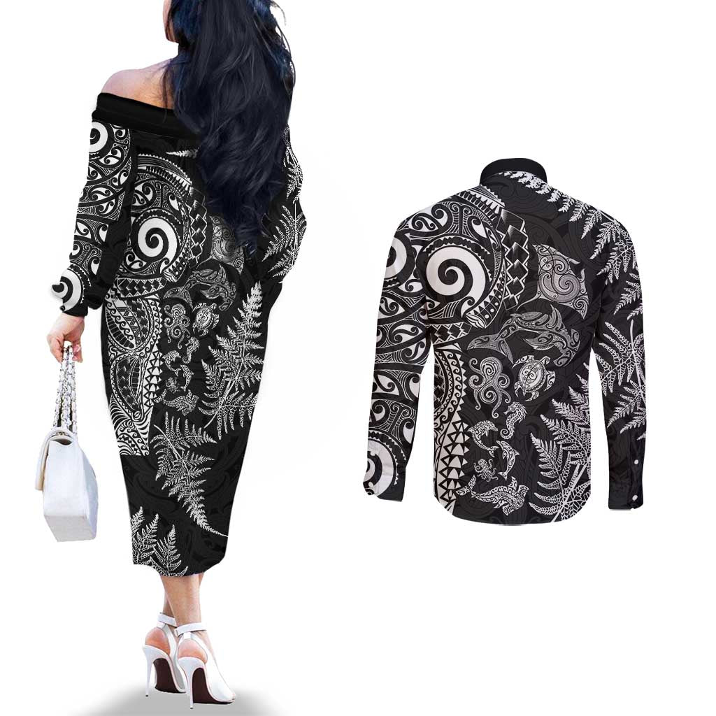 New Zealand Sea Animals Couples Matching Off The Shoulder Long Sleeve Dress and Long Sleeve Button Shirt with Maori Koru Tribal Tattoo and Silver Ferns Black Color
