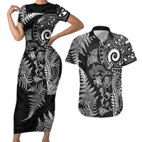 New Zealand Sea Animals Couples Matching Short Sleeve Bodycon Dress and Hawaiian Shirt with Maori Koru Tribal Tattoo and Silver Ferns Black Color