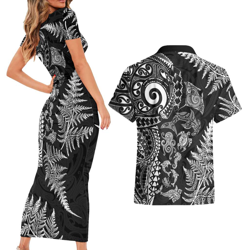 New Zealand Sea Animals Couples Matching Short Sleeve Bodycon Dress and Hawaiian Shirt with Maori Koru Tribal Tattoo and Silver Ferns Black Color