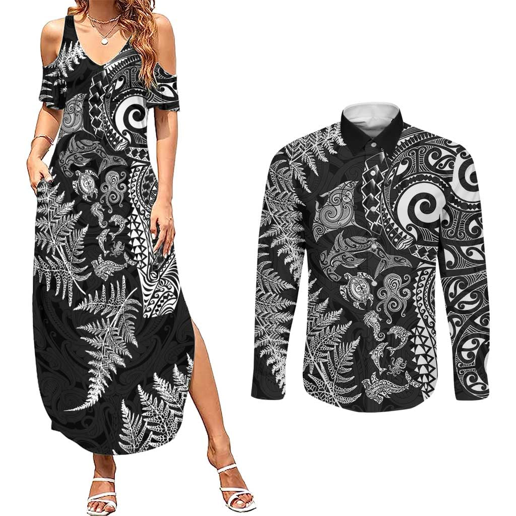 New Zealand Sea Animals Couples Matching Summer Maxi Dress and Long Sleeve Button Shirt with Maori Koru Tribal Tattoo and Silver Ferns Black Color