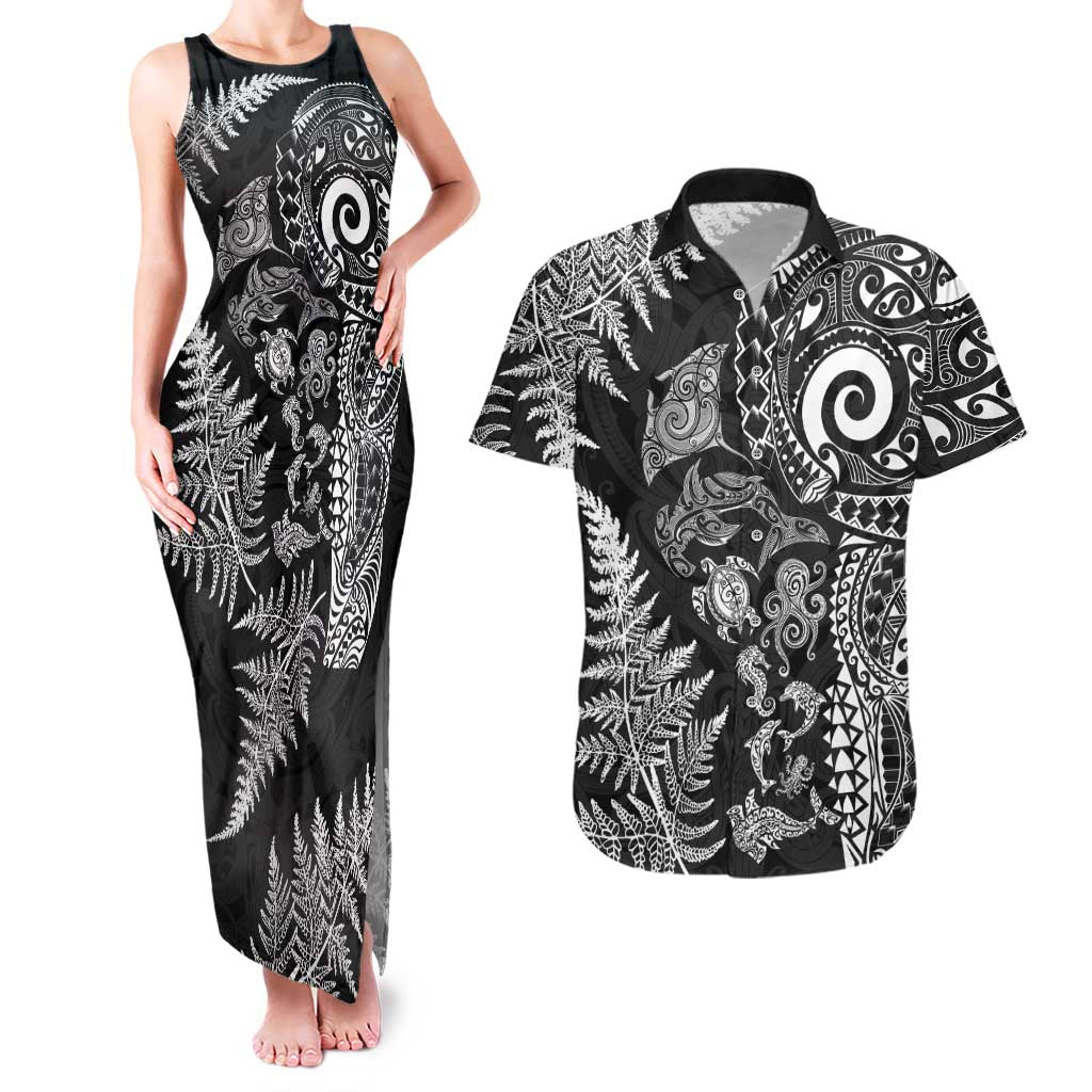 New Zealand Sea Animals Couples Matching Tank Maxi Dress and Hawaiian Shirt with Maori Koru Tribal Tattoo and Silver Ferns Black Color LT03 Black - Polynesian Pride
