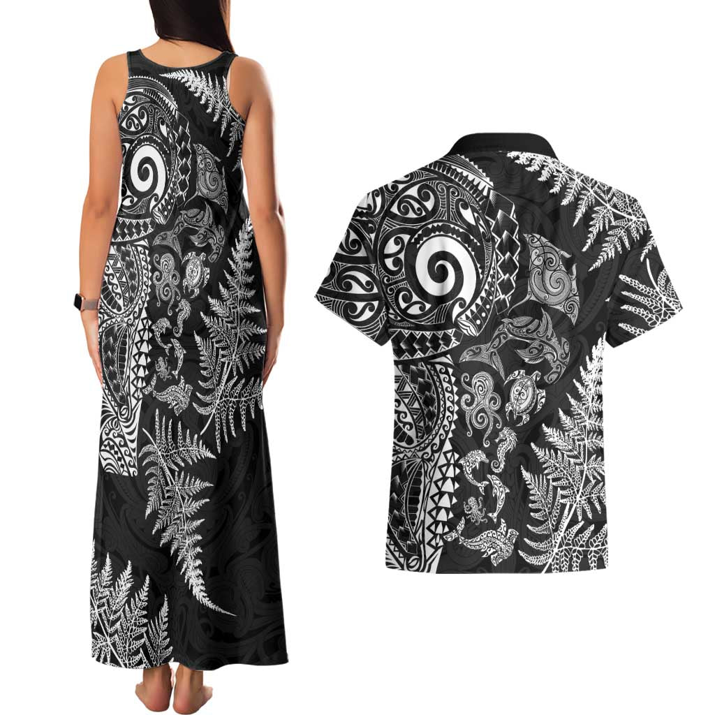 New Zealand Sea Animals Couples Matching Tank Maxi Dress and Hawaiian Shirt with Maori Koru Tribal Tattoo and Silver Ferns Black Color