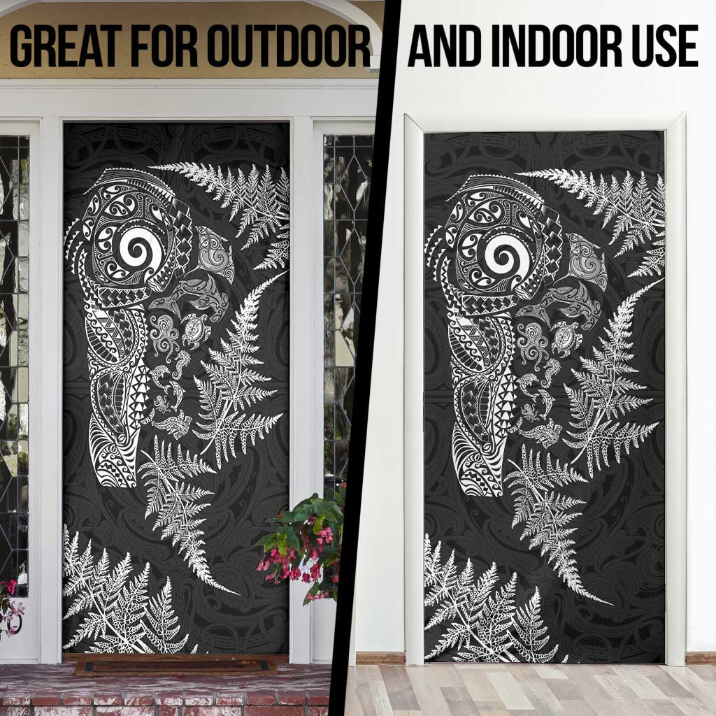 New Zealand Sea Animals Door Cover with Maori Koru Tribal Tattoo and Silver Ferns Black Color