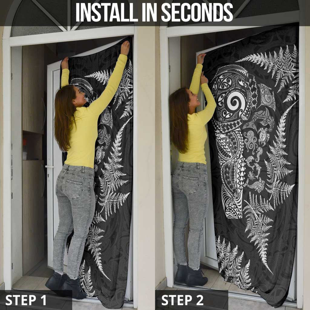 New Zealand Sea Animals Door Cover with Maori Koru Tribal Tattoo and Silver Ferns Black Color