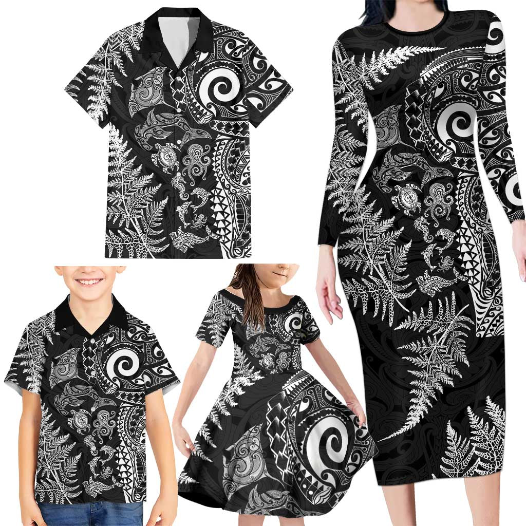 New Zealand Sea Animals Family Matching Long Sleeve Bodycon Dress and Hawaiian Shirt with Maori Koru Tribal Tattoo and Silver Ferns Black Color LT03 - Polynesian Pride