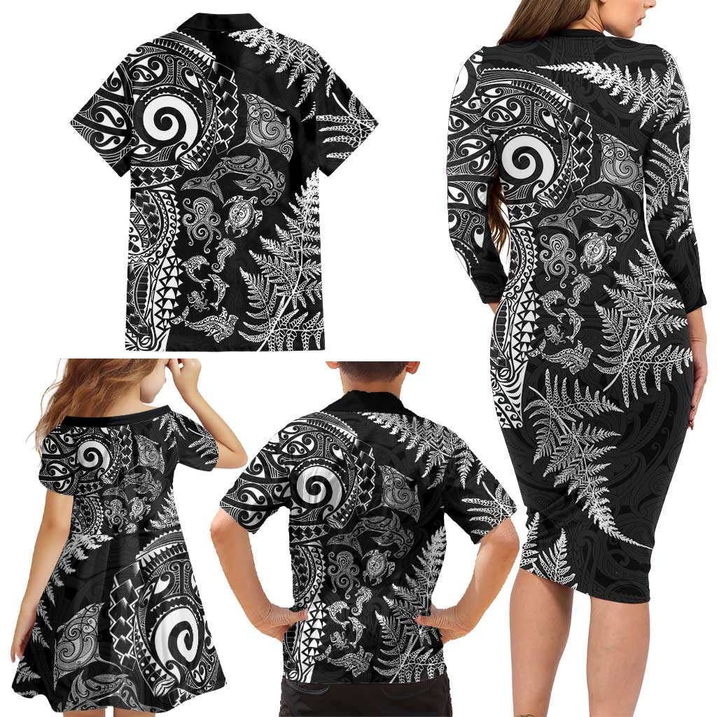 New Zealand Sea Animals Family Matching Long Sleeve Bodycon Dress and Hawaiian Shirt with Maori Koru Tribal Tattoo and Silver Ferns Black Color