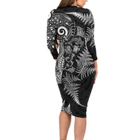 New Zealand Sea Animals Family Matching Long Sleeve Bodycon Dress and Hawaiian Shirt with Maori Koru Tribal Tattoo and Silver Ferns Black Color