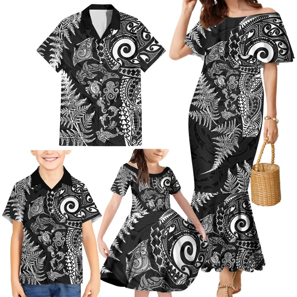 New Zealand Sea Animals Family Matching Mermaid Dress and Hawaiian Shirt with Maori Koru Tribal Tattoo and Silver Ferns Black Color LT03 - Polynesian Pride