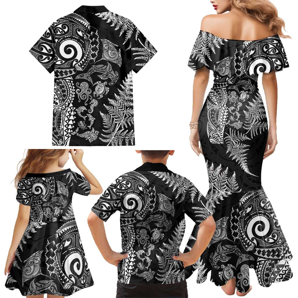 New Zealand Sea Animals Family Matching Mermaid Dress and Hawaiian Shirt with Maori Koru Tribal Tattoo and Silver Ferns Black Color
