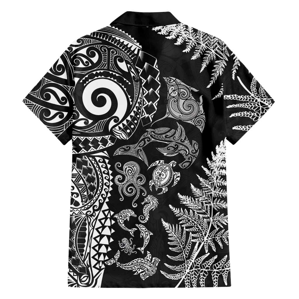 New Zealand Sea Animals Family Matching Mermaid Dress and Hawaiian Shirt with Maori Koru Tribal Tattoo and Silver Ferns Black Color
