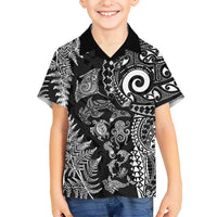 New Zealand Sea Animals Family Matching Mermaid Dress and Hawaiian Shirt with Maori Koru Tribal Tattoo and Silver Ferns Black Color