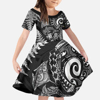 New Zealand Sea Animals Family Matching Off The Shoulder Long Sleeve Dress and Hawaiian Shirt with Maori Koru Tribal Tattoo and Silver Ferns Black Color