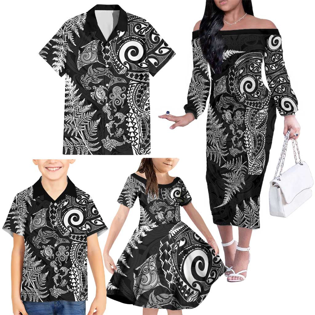 New Zealand Sea Animals Family Matching Off The Shoulder Long Sleeve Dress and Hawaiian Shirt with Maori Koru Tribal Tattoo and Silver Ferns Black Color LT03 - Polynesian Pride