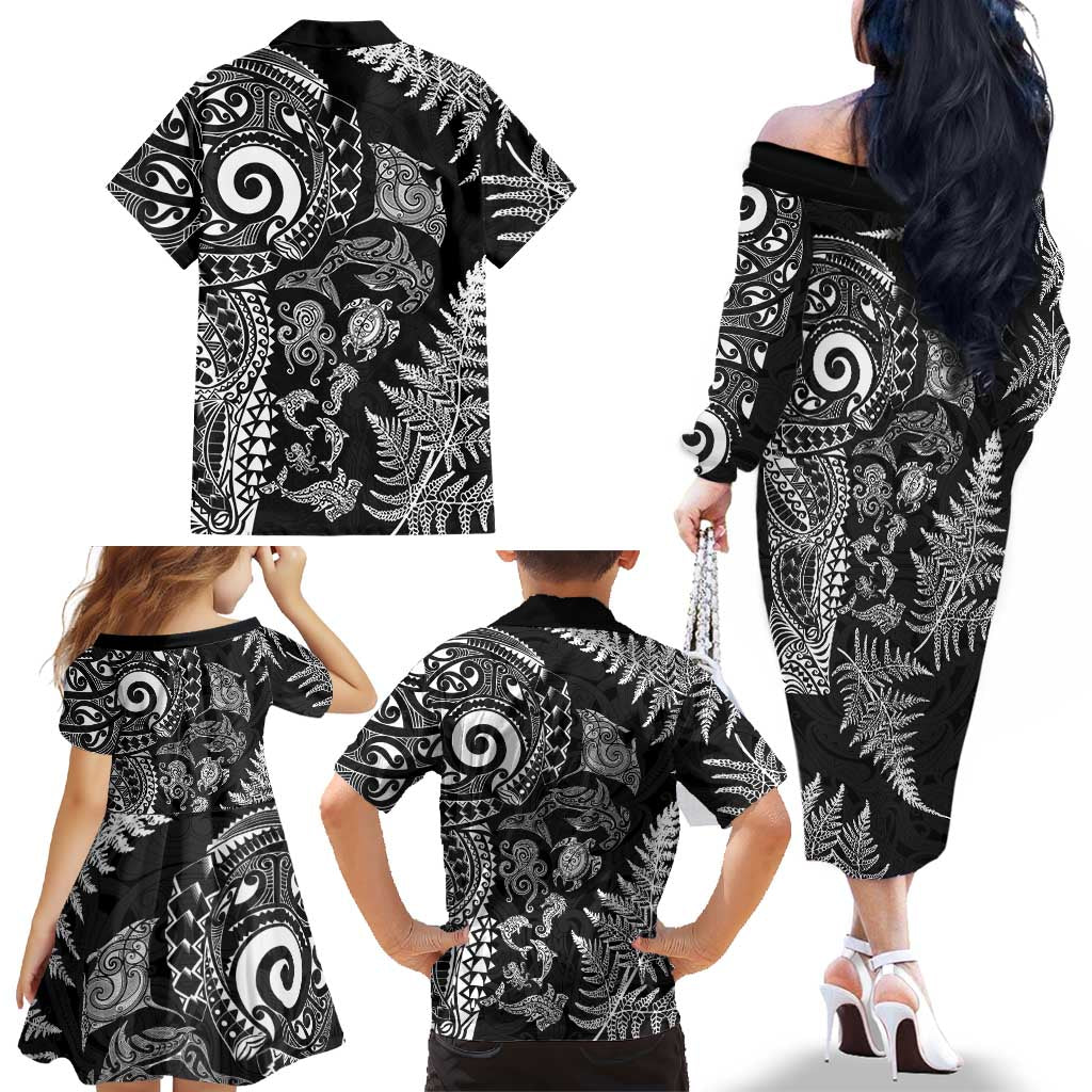 New Zealand Sea Animals Family Matching Off The Shoulder Long Sleeve Dress and Hawaiian Shirt with Maori Koru Tribal Tattoo and Silver Ferns Black Color