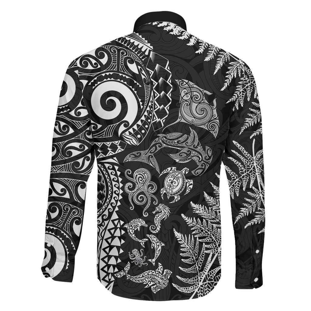 New Zealand Sea Animals Family Matching Off The Shoulder Long Sleeve Dress and Hawaiian Shirt with Maori Koru Tribal Tattoo and Silver Ferns Black Color