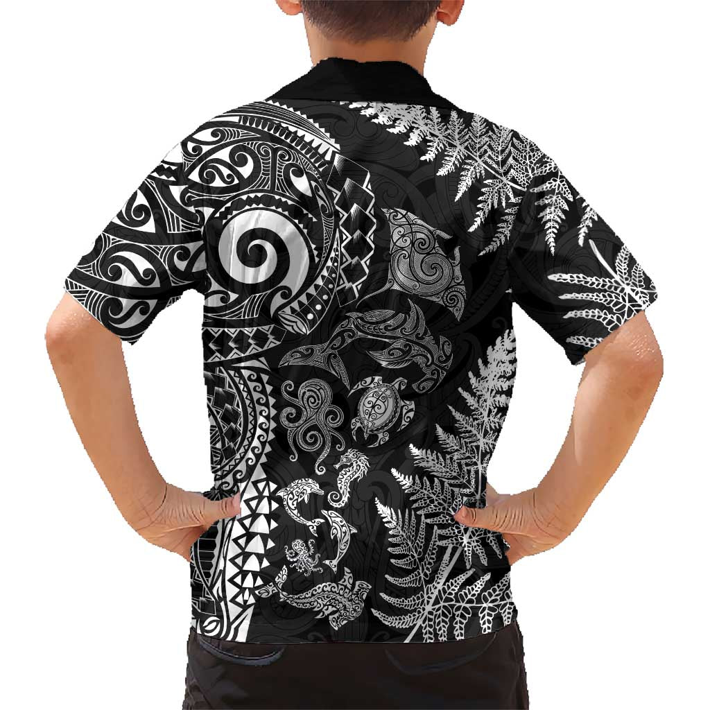 New Zealand Sea Animals Family Matching Off Shoulder Maxi Dress and Hawaiian Shirt with Maori Koru Tribal Tattoo and Silver Ferns Black Color
