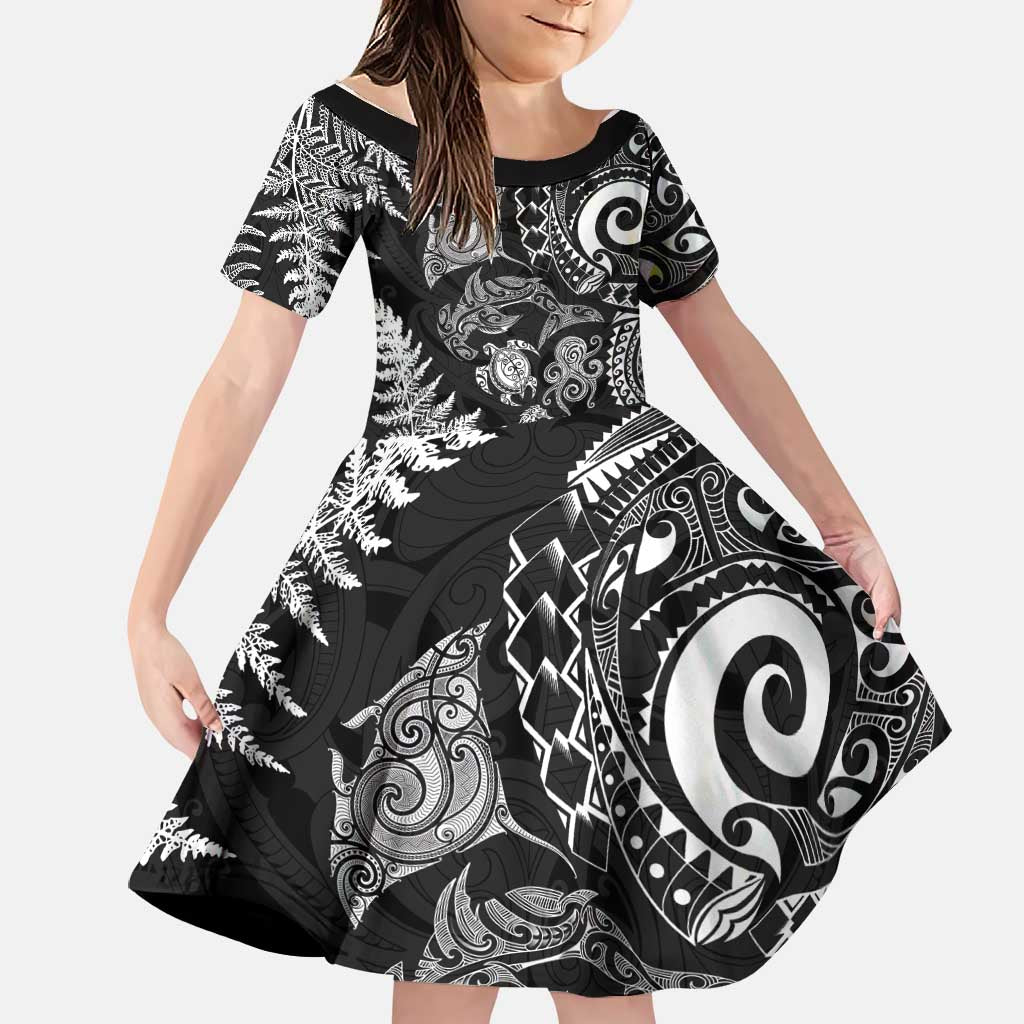 New Zealand Sea Animals Family Matching Off Shoulder Maxi Dress and Hawaiian Shirt with Maori Koru Tribal Tattoo and Silver Ferns Black Color