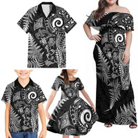 New Zealand Sea Animals Family Matching Off Shoulder Maxi Dress and Hawaiian Shirt with Maori Koru Tribal Tattoo and Silver Ferns Black Color