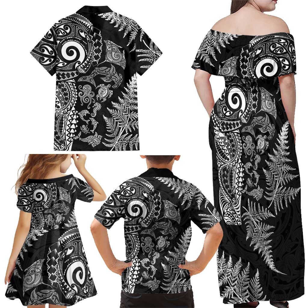 New Zealand Sea Animals Family Matching Off Shoulder Maxi Dress and Hawaiian Shirt with Maori Koru Tribal Tattoo and Silver Ferns Black Color