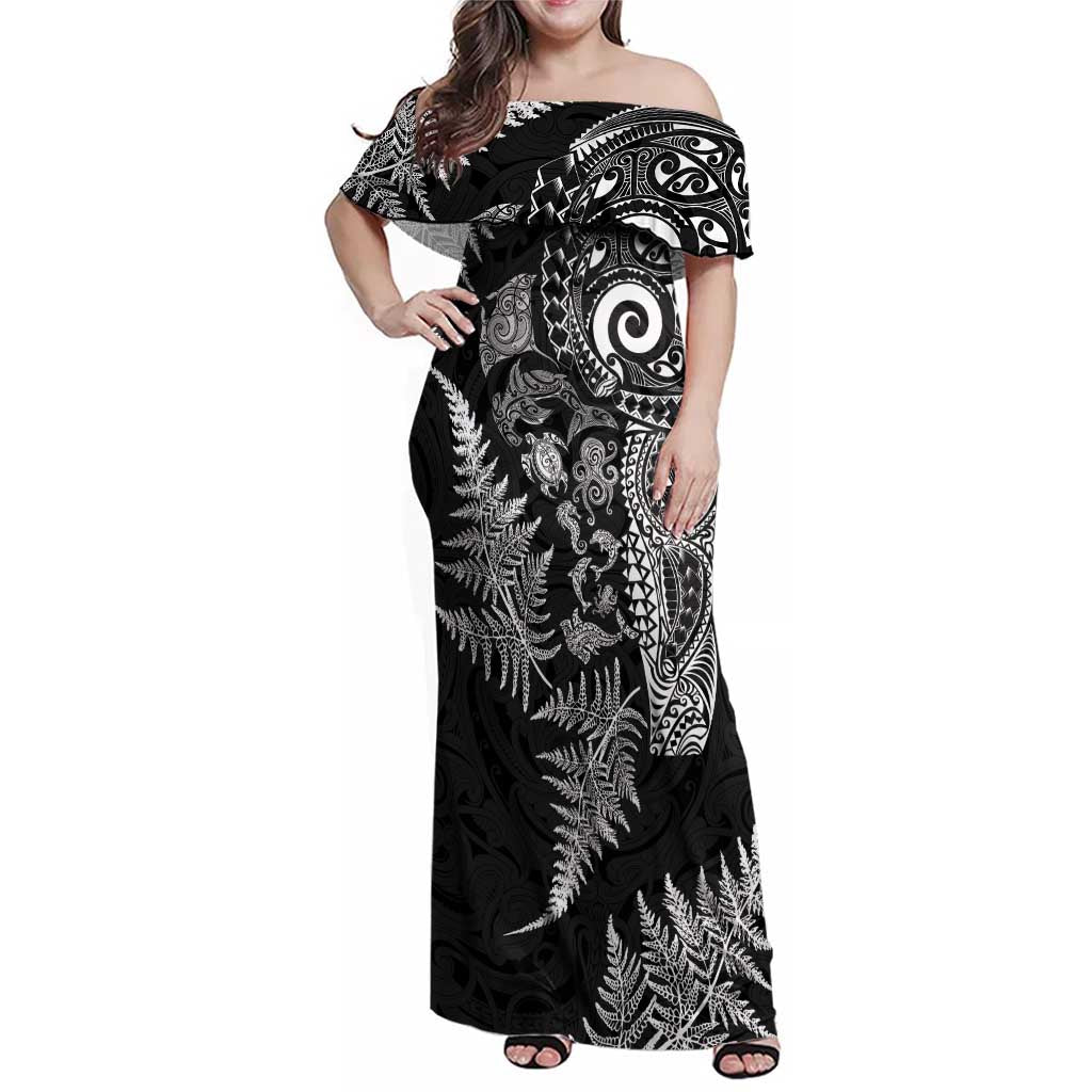 New Zealand Sea Animals Family Matching Off Shoulder Maxi Dress and Hawaiian Shirt with Maori Koru Tribal Tattoo and Silver Ferns Black Color