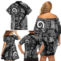 New Zealand Sea Animals Family Matching Off Shoulder Short Dress and Hawaiian Shirt with Maori Koru Tribal Tattoo and Silver Ferns Black Color