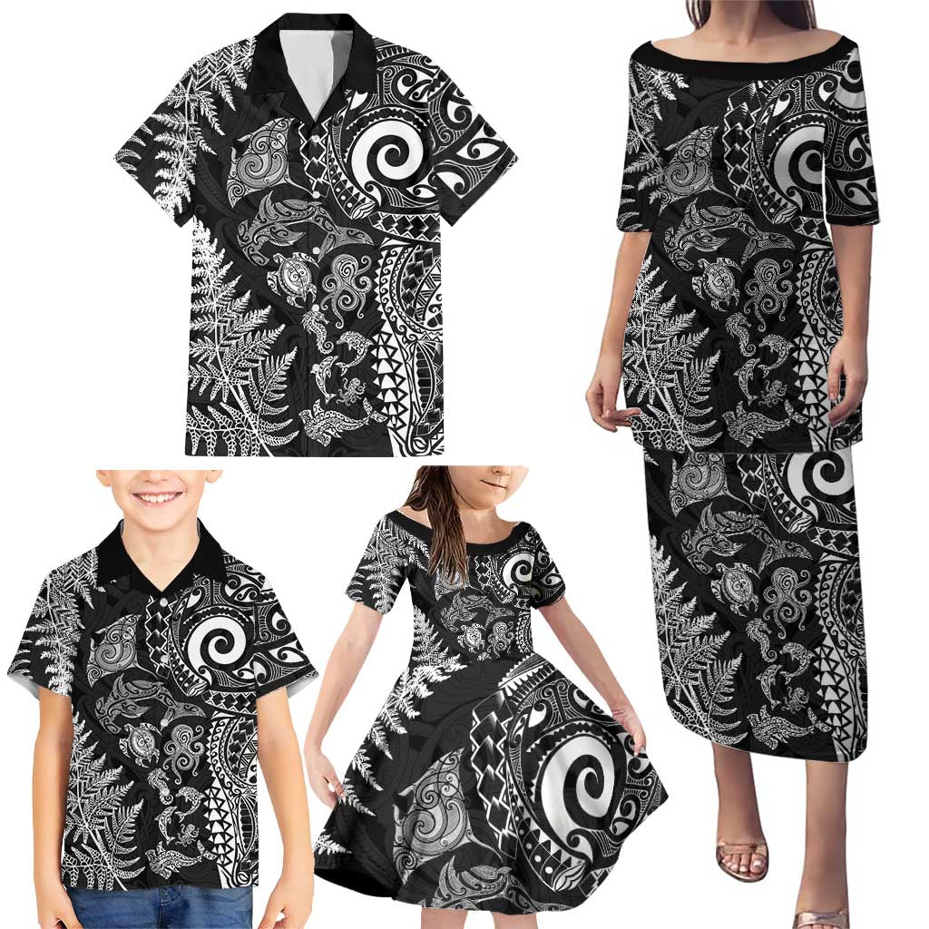 New Zealand Sea Animals Family Matching Puletasi and Hawaiian Shirt with Maori Koru Tribal Tattoo and Silver Ferns Black Color LT03 - Polynesian Pride
