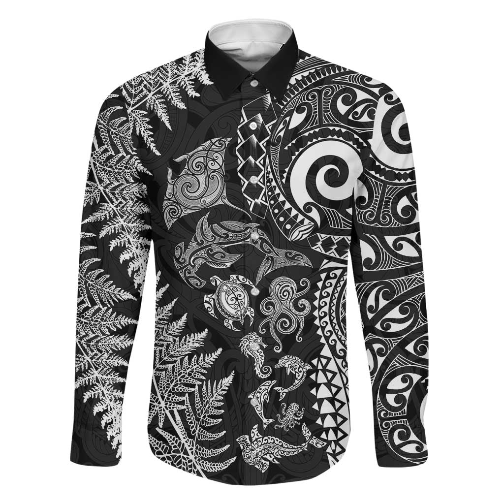 New Zealand Sea Animals Family Matching Puletasi and Hawaiian Shirt with Maori Koru Tribal Tattoo and Silver Ferns Black Color