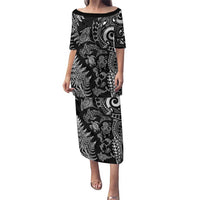 New Zealand Sea Animals Family Matching Puletasi and Hawaiian Shirt with Maori Koru Tribal Tattoo and Silver Ferns Black Color