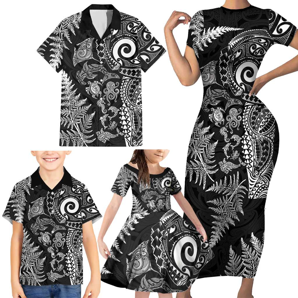 New Zealand Sea Animals Family Matching Short Sleeve Bodycon Dress and Hawaiian Shirt with Maori Koru Tribal Tattoo and Silver Ferns Black Color