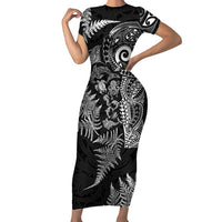 New Zealand Sea Animals Family Matching Short Sleeve Bodycon Dress and Hawaiian Shirt with Maori Koru Tribal Tattoo and Silver Ferns Black Color